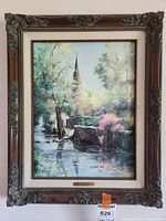 Framed limited edition print "Overbrook" by Marty Bell in ornate carved wood frame with cream mat and brass plaque.