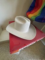 Light-colored felt cowboy hat on red Stetson box, side view