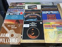 Overall view of multiple LP records arranged on table