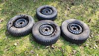 Four snow tires on matching black steel rims placed on grass, showing their overall condition.