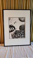 Full view of framed black and white abstract mixed media artwork by Claire Lejeune.
