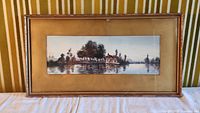 Full view of framed watercolour painting showing the canal scene with a small house and trees, and the wooden frame.