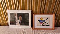 Photo showing two signed original bird artworks side by side: a woodpecker painting and a framed colorful bird painting.