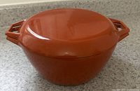 Orange cast iron pot with lid, showing the exterior and handles.