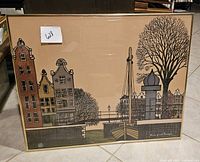 Front view of the framed print showing the detailed canal scene with buildings, trees, and boat.