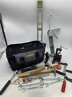 Photo showing full contents of small bag with assorted hand tools and tool bag