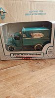 1926 Mack Bulldog teal delivery truck piggy bank in original packaging with Heilig-Meyers branding.