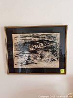 Frontal view of the framed charcoal drawing showing full artwork and frame.
