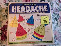 Box cover of Game of Headache, colorful with cartoon triangular figures and game details.