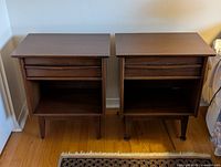 Front view of both nightstands showing drawer, shelf and legs