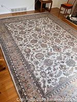 Angled view showing entire rug pattern and fringe along one edge