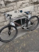 Full side view of the silver Trek 24 speed bicycle leaning against a stone wall. Shows overall frame, wheels, seat and pedals.