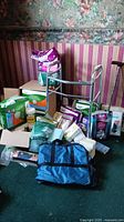 Photo showing multiple medical and health supplies including adult diapers, disposable pads, wipes, supports, and mobility aids arranged on carpet.
