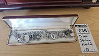 Charm bracelet in open display box, showing full length and multiple attached charms.