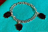 Full view of the sterling silver charm bracelet with three silhouette charms on a teal background.