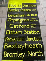 Photo showing the upper section of the bus blind including 'Not in Service' and destinations such as Bromley Common, Lewisham with logos, Orpington, Catford, Eltham Station, Beckenham Junction, Bexleyheath, and Bromley North.