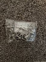 Necklace and earrings set sealed in clear plastic bag on carpet