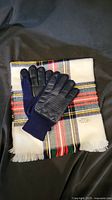 Argyle patterned scarf and navy gloves with leather patches displayed on black background.