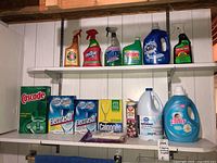 All cleaning supplies on shelves showing various brands and types including dishwashing powders and liquids, surface cleaners, bleach, and laundry detergent.