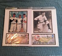 Two plated collages in sealed plastic, each with a Yankees photo and USPS stamp sheet below