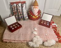 The full Christmas table decor lot including ceramic Santa jar, crystal place card holders in two boxes, Christmas table runner and boxed candles.