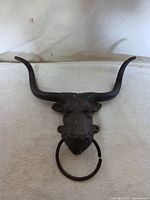 Front view of the metal steer head door ornament showing horns and ring through the nose.
