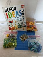 Photo of The LEGO Ideas Book and assorted LEGO pieces in ziplock bags arranged on blue base plates.