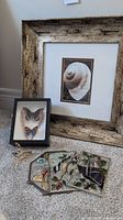 Photo showing framed shell image, smaller butterfly and bird shadow box, four stained glass coasters laid out, and hummingbird ornament on carpeted floor.