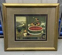 Full view of the framed still life print showing frame, beige mat, and colorful fruit scene with bird.