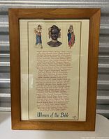 Full view of framed print 'Women of the Bible' showing three illustrated biblical women, a central portrait, and a list of names under glass in a wooden frame.