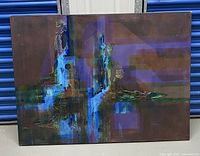 Full view of a large abstract painting, showing blended blue and purple colors and texture over a mostly brown canvas.