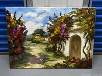 Full view of vintage oil painting showing the landscape scene with building, path, plants, and detailed brush strokes.