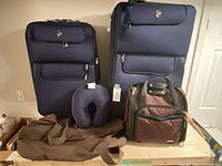 Full view of two blue Heys suitcases, brown duffel bag, brown and black Travelon bag, and navy travel neck pillow on a table.