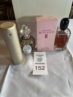 Overview of complete lot: gold travel spray cylinder, Jimmy Choo bottle, Red Door Revealed box, Sì bottle