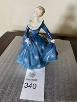 Full view of Royal Doulton porcelain figurine 'Fragrance' showing woman in blue dress with white pattern