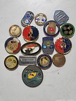 Top view photo of 16 military medallions arranged on flat white surface showing various military insignias and unit logos
