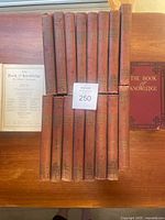 Photo of the complete set of 20 volumes of The Book of Knowledge, showing worn reddish cover with gold title on spines and front cover, laid out on wood surface.
