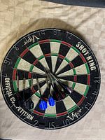 The dart board with 8 darts arranged on it, showing details of the board and darts, including the coloring and logo.