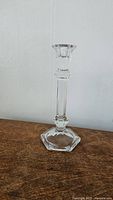 Full view of the 9-inch crystal candlestick holder showing the hexagonal base and slender stem.