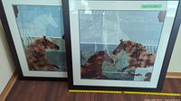 Pair of framed abstract horse art prints side by side on floor showing front view and size