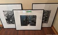 Full view of all three framed photographic artworks showing black and white forest creek scenes