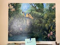 Full view of large parrot painting showing two macaws in green jungle foliage.