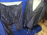 Full suit displayed with jacket on mannequin and trousers hanging, showing the black fabric with iridescent rainbow striped pattern.