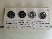 Four sterling silver buttons on a card with handwritten maker and hallmark details