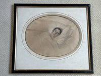 Framed drawing of a sick woman lying in bed, seen full frame, showing the entire artwork and the frame.