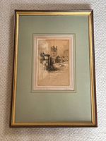 Full view of framed etching showing entire artwork along with the frame and matte.