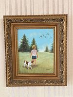 Framed painting showing full composition with boy, dog, geese and frame