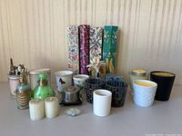 Full front view of all items including candles, holders, and matchboxes