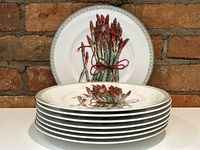 Front and stacked view of eight plates with asparagus motif