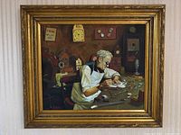 Overall view of the framed painting depicting the elderly watchmaker at work in his workshop with clocks and tools visible.